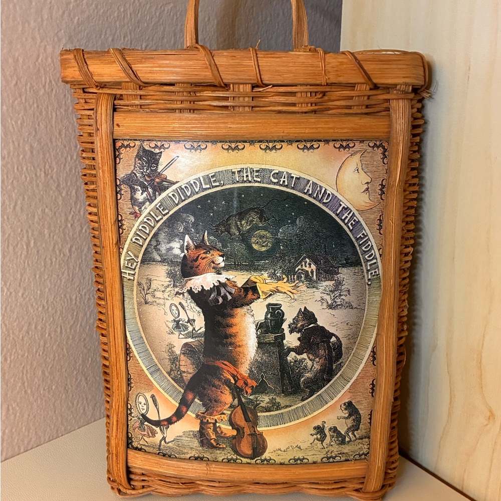 Vintage Wicker Basket with Cat Illustration